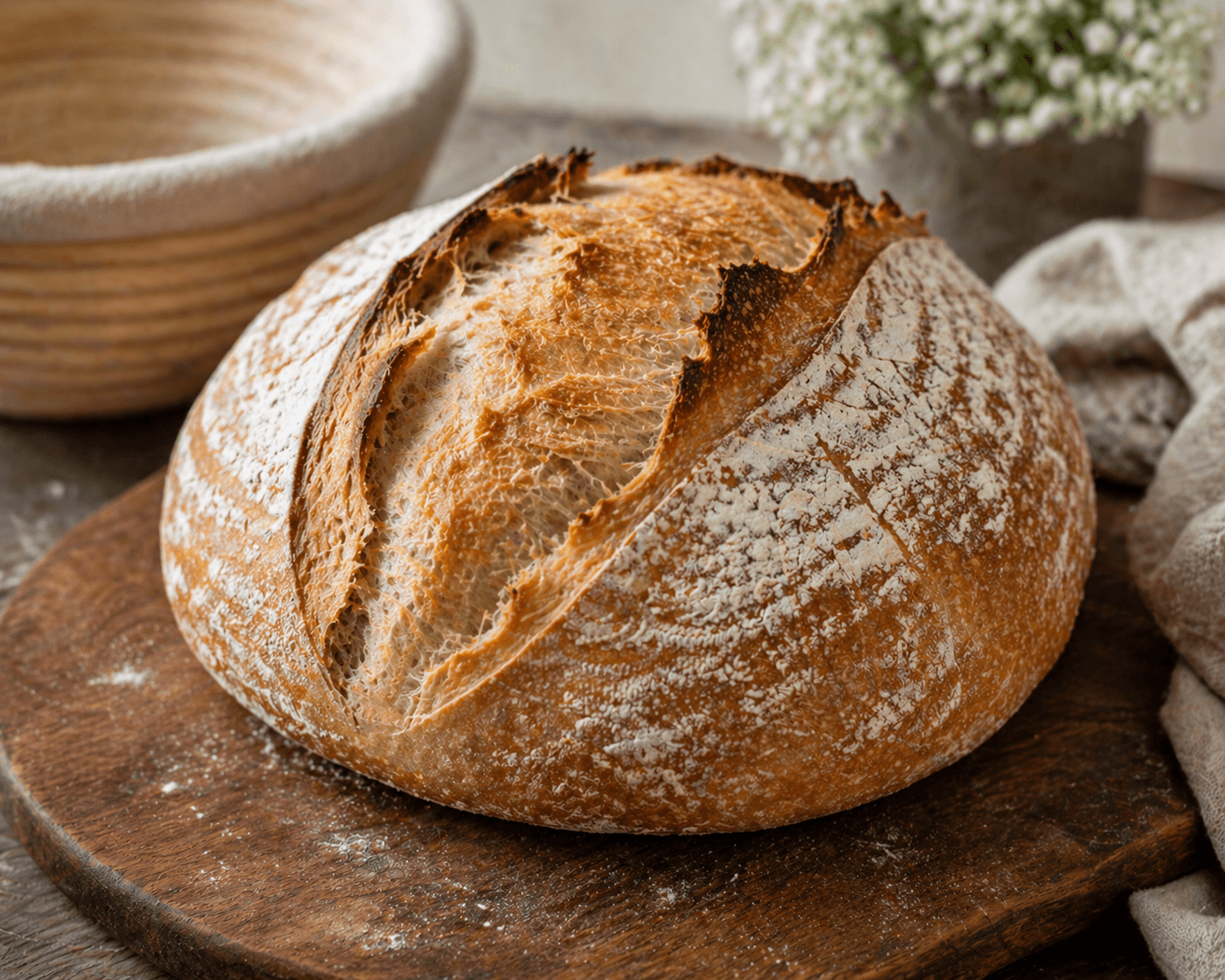 A loaf of crusty sourdough bread, cooling on a board
